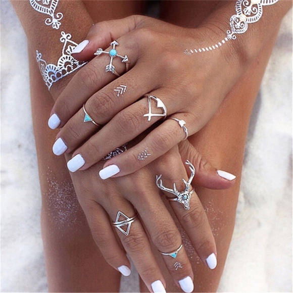 ⭐️3/$20...7 Piece Silver Turquoise Boho Ring Set⭐️ - Picture 1 of 1